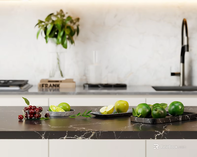 Fruits Display On Modern Kitchen Marble Countertop 3d model
