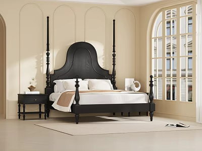 Black Four Poster Double Bed with White Bedding Nightstand and Arched Window in Beige Room 3d model