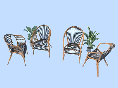 Elegant Rattan Armchair Collection With Wicker Patterns And Potted Plants 3d model