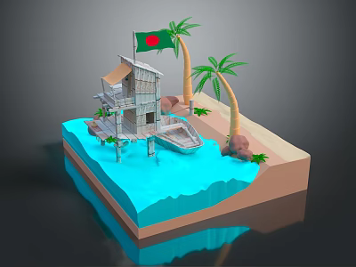 Stilt Wooden House Structure on Small Island with Palm Trees Blue Water and Flag 3d model