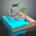 Stilt Wooden House Structure on Small Island with Palm Trees Blue Water and Flag