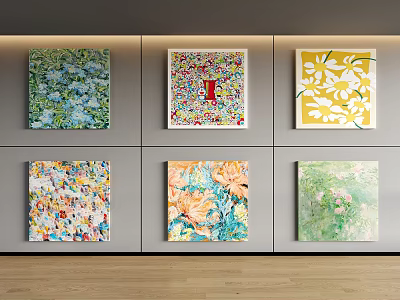 Six Vibrant Abstract Paintings With Colorful Patterns On Wall Decorative Art 3d model