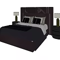 Dark Background Double Bed with Geometric Decorative Headboard Side Nightstands and Table Lamps 3d model