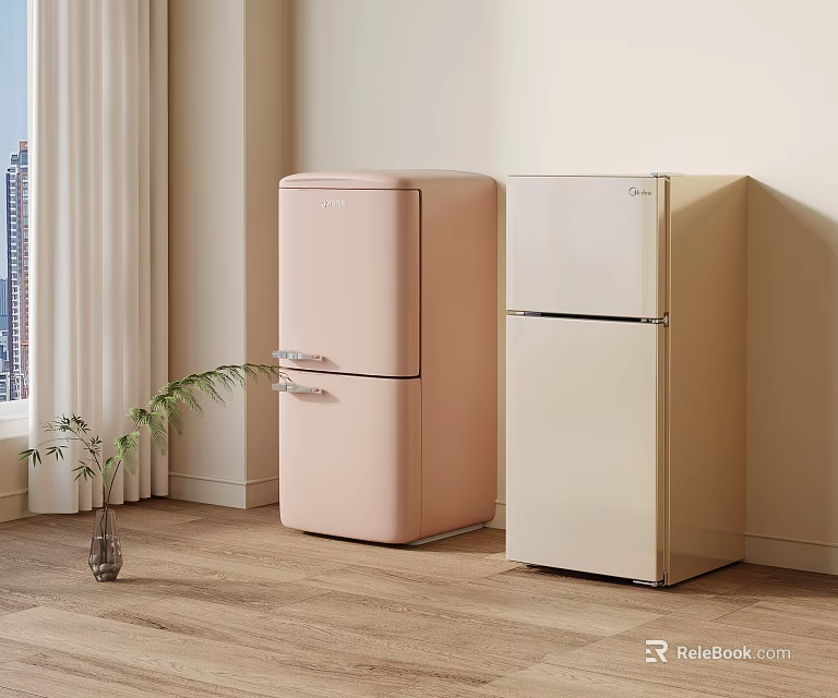 Pink And Beige Retro Refrigerators In Modern Room With Window View And Potted Plant 3d model 