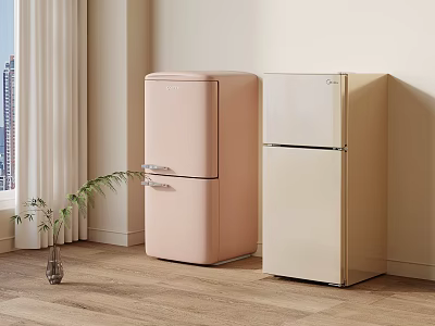 Pink And Beige Retro Refrigerators In Modern Room With Window View And Potted Plant 3d model