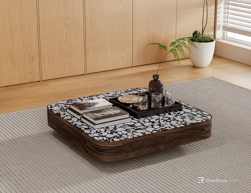 Square Coffee Table With Black White Pattern Wooden Frame On Gray Rug And Potted Plant 3d model 