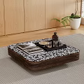 Square Coffee Table With Black White Pattern Wooden Frame On Gray Rug And Potted Plant