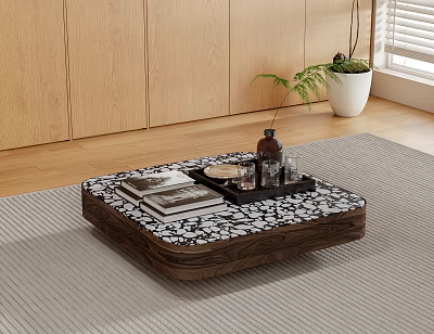 Square Coffee Table With Black White Pattern Wooden Frame On Gray Rug And Potted Plant 3d model
