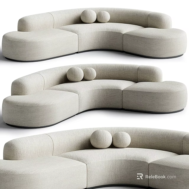 Modern Curved Sectional Sofa With Beige Fabric Upholstery And Round Cushions 3d model 