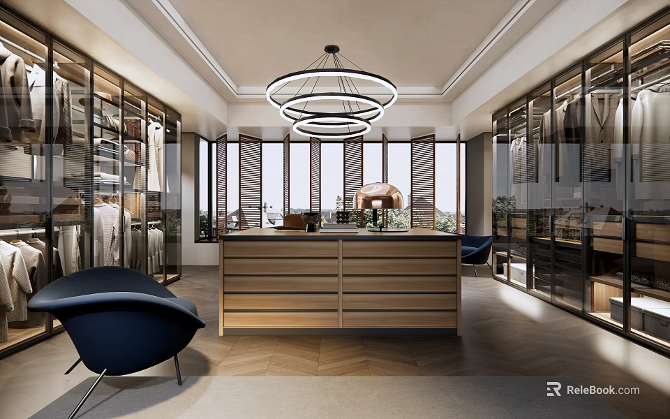 Modern Luxury Walk in Closet Interior With Glass Door Cabinets Wooden Island And Chandelier 3d model 