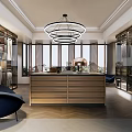 Modern Luxury Walk in Closet Interior With Glass Door Cabinets Wooden Island And Chandelier