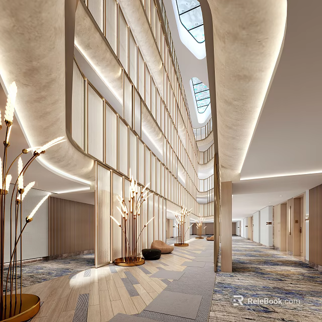 Modern Hotel Lobby Interior With High Ceiling Glass Partitions And Wooden Decorative Lighting Fixtures 3d model 