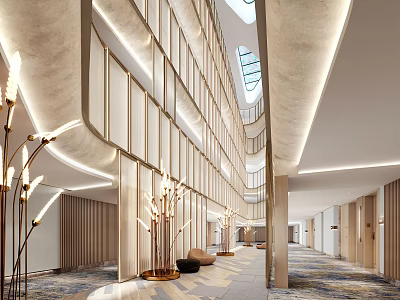 Modern Hotel Lobby Interior With High Ceiling Glass Partitions And Wooden Decorative Lighting Fixtures 3d model