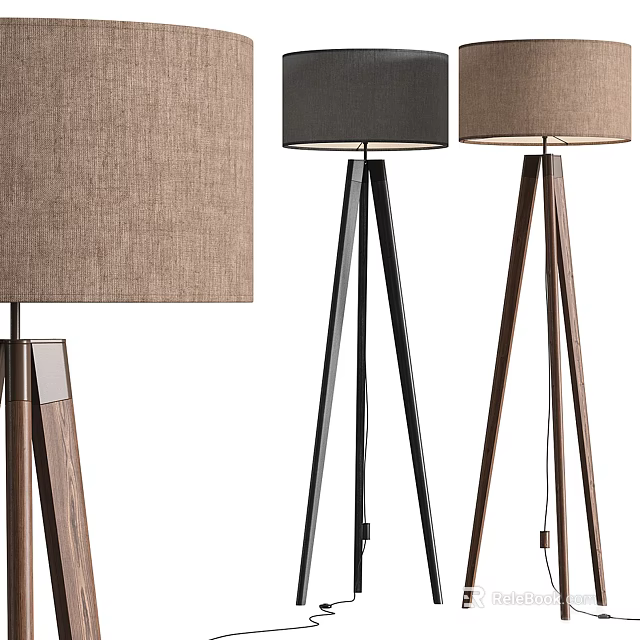 Modern Tripod Floor Lamps With Wooden And Metal Stands Light Brown Black Shades 3d model 
