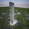 Urban Aerial Planning With Tall Skyscraper Tower Green Areas Roads And Low Rise Buildings