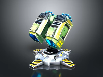 Sci Fi Mechanical Device With Green Yellow Exterior Blue Lights And Circular Base 3d model