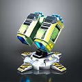 Sci Fi Mechanical Device With Green Yellow Exterior Blue Lights And Circular Base