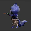 Anthropomorphic Blue Cat Game Movie Character Standing With Red Green Toy Gun And Tail