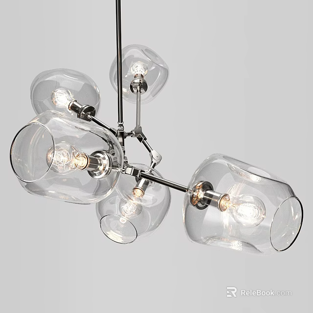 Modern Transparent Glass Globe Chandelier with Chrome Metal Frame and Illuminated Bulbs Design 3d model 