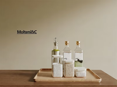 Modern Spice Bottles And Containers On Wooden Tray Against Beige Kitchen Wall 3d model