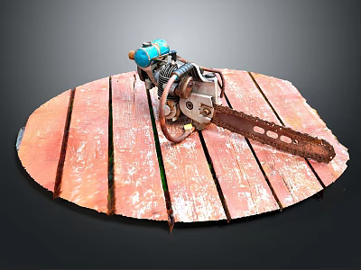 Rusty Chain Chainsaw With Blue Silver Parts On Weathered Wooden Platform 3d model