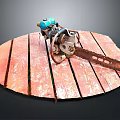 Rusty Chain Chainsaw With Blue Silver Parts On Weathered Wooden Platform
