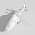 White and Blue Striped Helicopter with Extended Rotor on Gray Ground and Cloudy Sky
