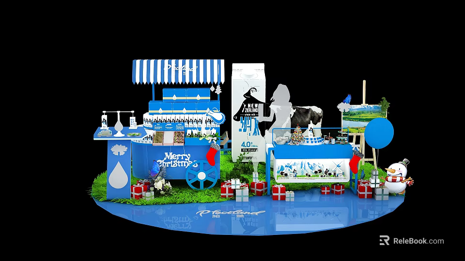 Christmas Themed Commercial Display Setup With Blue White Striped Awning Milk Products And Cow Decorations 3d model 
