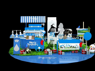 Christmas Themed Commercial Display Setup With Blue White Striped Awning Milk Products And Cow Decorations 3d model