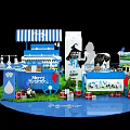 Christmas Themed Commercial Display Setup With Blue White Striped Awning Milk Products And Cow Decorations