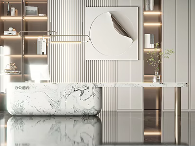 Modern Luxury Reception Desk With Marble Countertop Bookshelf Decorative Painting And Lighting 3d model