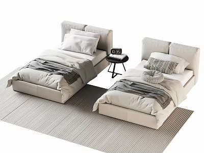 Two Modern Single Beds With Soft Bedding Pillows Blankets And Side Table On Rug 3d model