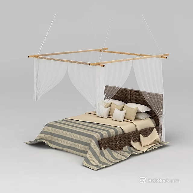 Elegant Bedroom Interior With Wicker Headboard Striped Bedspread And Canopy Frame 3d model