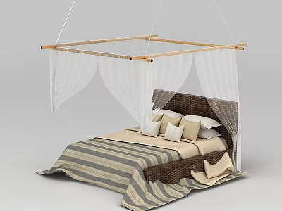Elegant Bedroom Interior With Wicker Headboard Striped Bedspread And Canopy Frame 3d model