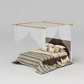 Elegant Bedroom Interior With Wicker Headboard Striped Bedspread And Canopy Frame 3d model