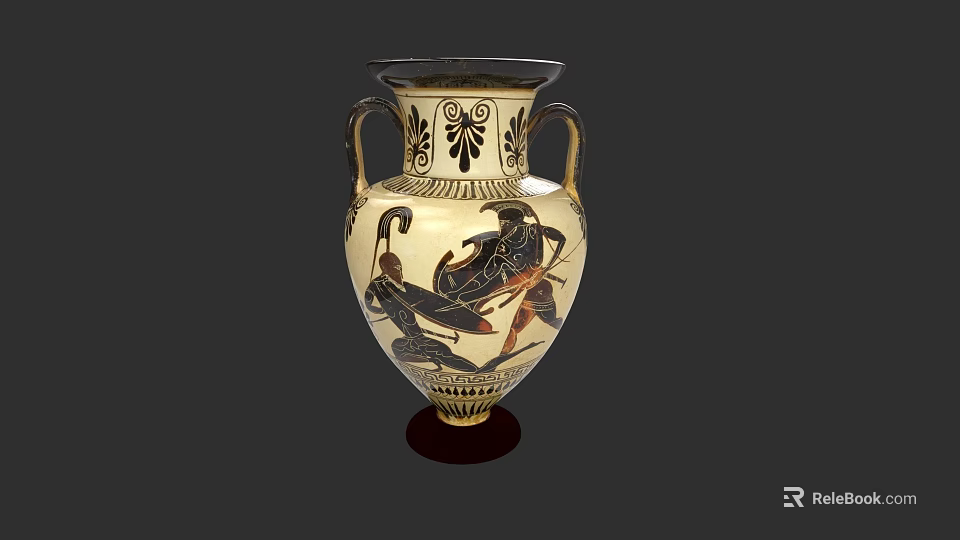 Ancient Greek Style Ceramic Vessel With Two Handles And Black Decorative Patterns 3d model 