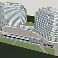 Modern Curved Hotel Building with Glass Curtain Walls and Landscaped Gardens