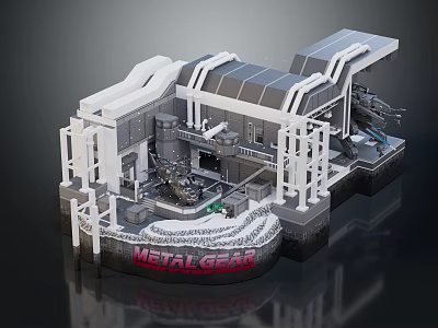 Cartoon Style Metal Gear Mechanical Scene With Architectural Structures And Platforms 3d model