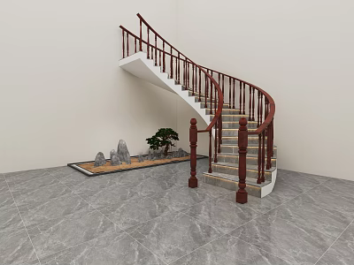 Spiral Staircase With Wooden Mahogany Railing Light Steps And Mini Rock Garden 3d model