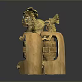 Three Intricate Wooden Carved Figures With Animal Heads And Traditional Attire On Reflective Base