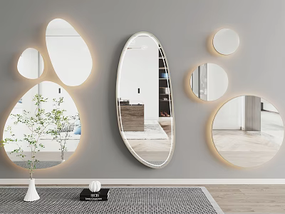 Various Shaped Backlit Mirrors Mounted on Grey Wall with Decorative Vase and Items 3d model