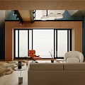 Modern Apartment Living Room With White Sofa Wooden Ceiling And Large Windows
