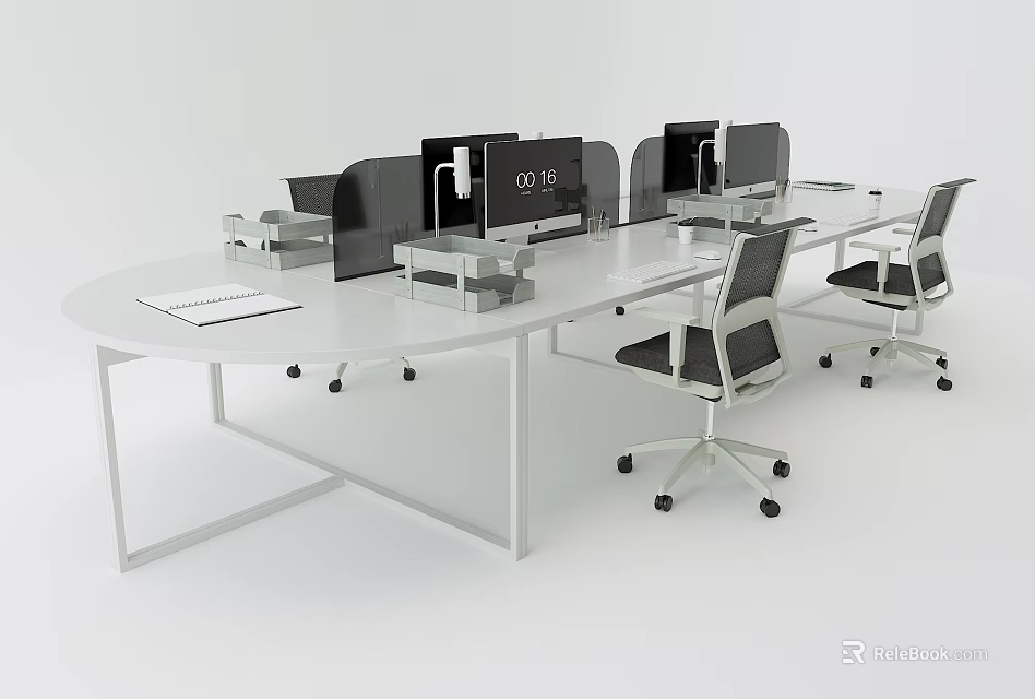 Modern Office Desk Workstation With White Surface Multiple Workspaces Computer Monitors And Ergonomic Chairs 3d model