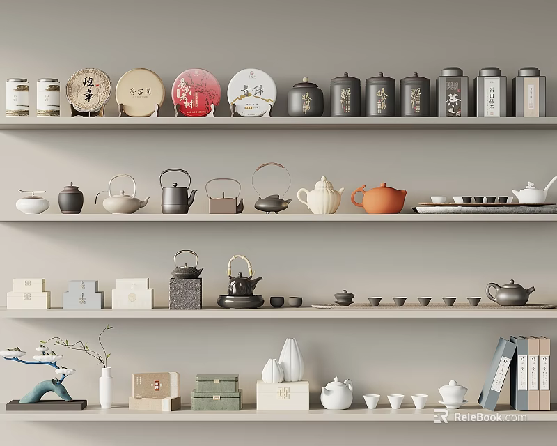 Various Tea Sets Including Teapots Teacups And Caddies Neatly Arranged On Shelves 3d model 
