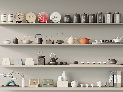 Various Tea Sets Including Teapots Teacups And Caddies Neatly Arranged On Shelves 3d model