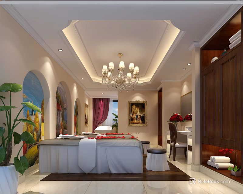 Elegant SPA Sauna Interior With Massage Bed Towels Petals And Chandelier 3d model 