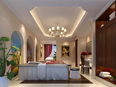 Elegant SPA Sauna Interior With Massage Bed Towels Petals And Chandelier 3d model
