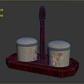 Spice Jars with Pink Floral Patterns and Beige Lids on Red Tray with Handle