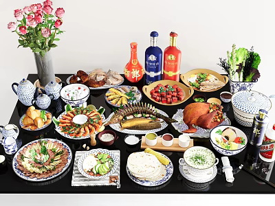 Various Chinese Dishes with Drinks and Fresh Flowers on Dining Table 3d model