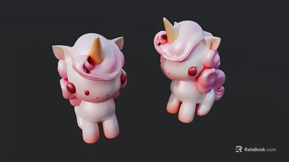 Cute Unicorn Sculptures With Pastel Pink Mane And Golden Horn Carving 3d model 